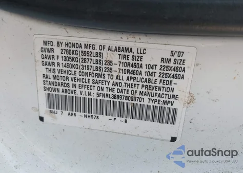 2007 Honda Odyssey Touring из США, поврежденный, VIN 5FNRL38897B088701